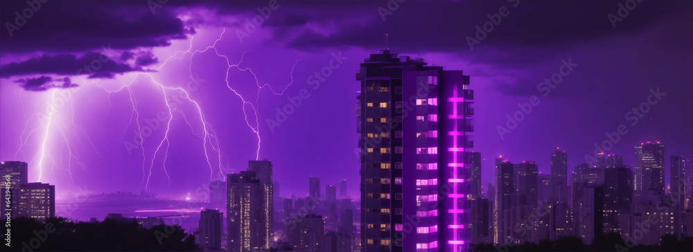 City view from luxurious balcony of a high rise building at night with purple lightning from the sky from Generative AI