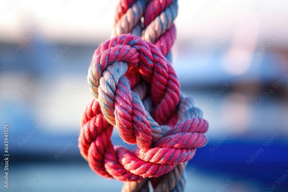 macro shot of a reef knot on a thick rope with blurred sail background