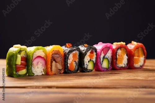 sushi rolls with colorful ingredients in a row