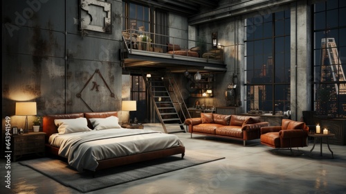 Interior of loft style free layout studio apartment. Dark grunge walls, stylish leather cushioned furniture, comfortable bed, stairs to mezzanine, panoramic windows. Contemporary home design. © Georgii