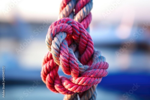 macro shot of a reef knot on a thick rope with blurred sail background photo