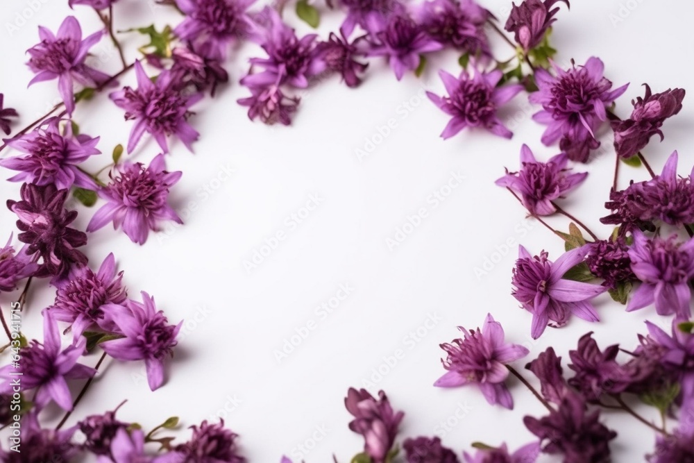 Isolated purple flowers frame on white background. Generative AI