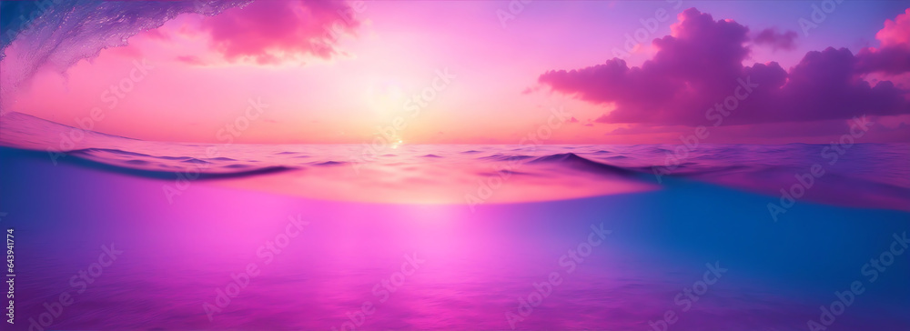 View from under the ocean with pink sunset rays from the sky from Generative AI