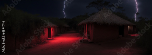 Walkway at a poor african village at night with red lightning strikes from the sky from Generative AI