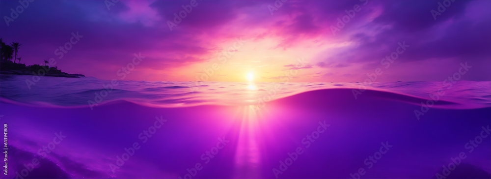 View from under the ocean with purple sunset rays from the sky from Generative AI