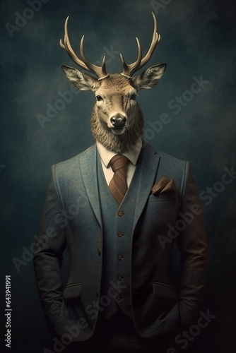 Portrait of a deer in a suit on a dark background.