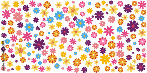 Colorful floral pattern illustration. Retro spring artwork. Vintage flower art design background.