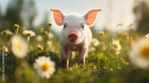 World Vegan Day 1 November. Happy cute piglet on the green lawn, Love animals, eat vegetable not meat for healthy life.