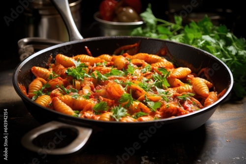 pasta coated in tomato sauce in a pan