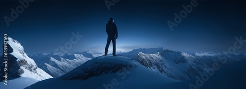 Man facing backwards standing on top of a mountain on winter mountain range background at night from Generative AI © sevenSkies