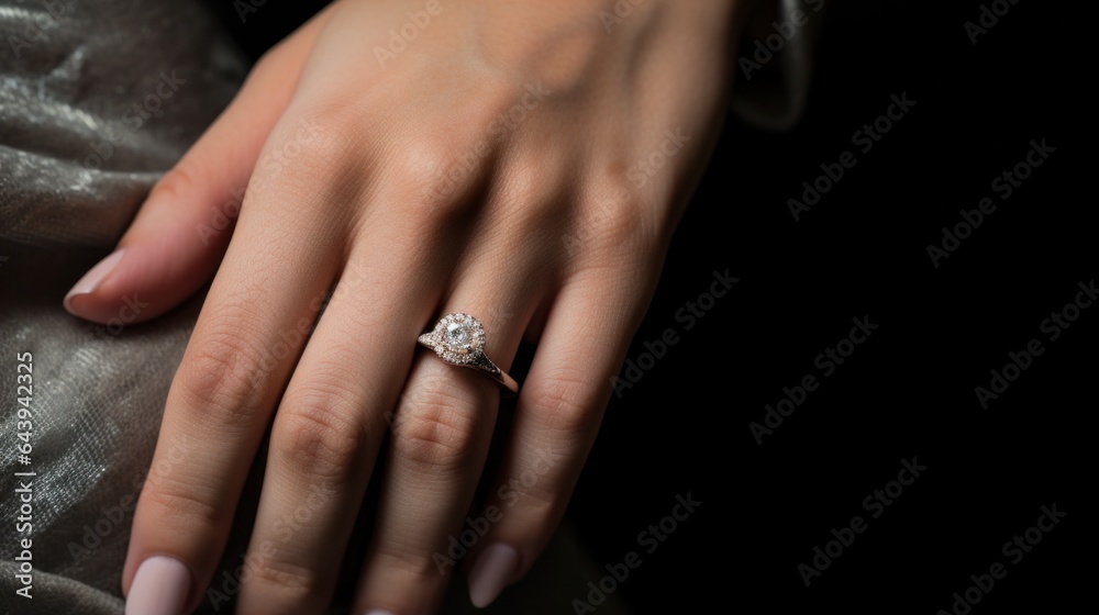 Close up of elegant diamond ring on woman finger. Diamond ring on young lady's hand on dark background.