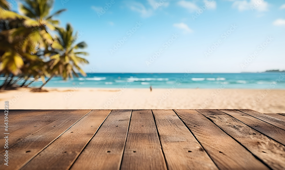 on the floor of a blank wooden table With a beautiful beach background, suitable for product or product display concepts. Space to add ideas, illustration, generative AI