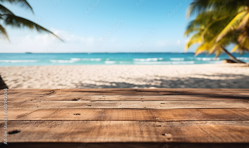 on the floor of a blank wooden table With a beautiful beach background, suitable for product or product display concepts. Space to add ideas, illustration, generative AI