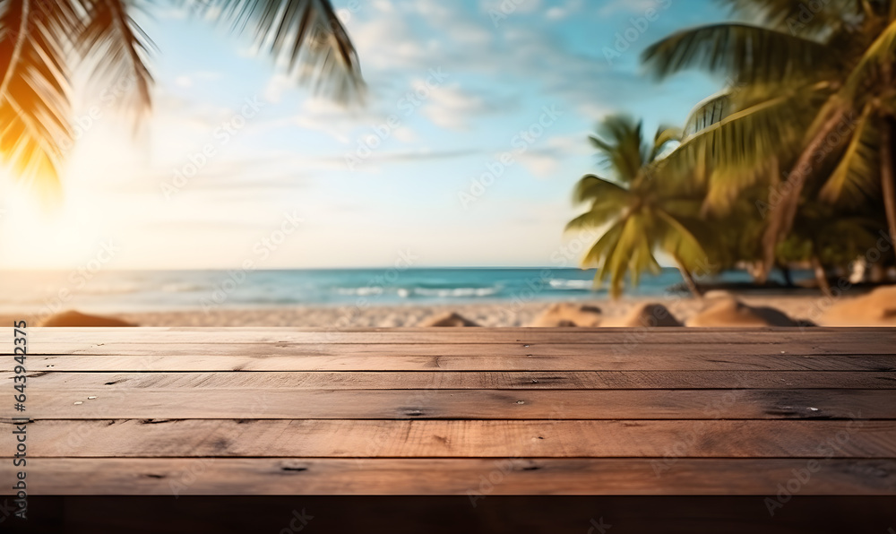 on the floor of a blank wooden table With a beautiful beach background, suitable for product or product display concepts. Space to add ideas, illustration, generative AI on the floor of a blank wooden table With a beautiful beach background, suitable for product or product display concepts. Space to add ideas, illustration, generative AI