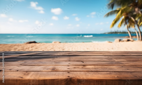 on the floor of a blank wooden table With a beautiful beach background, suitable for product or product display concepts. Space to add ideas, illustration, generative AI