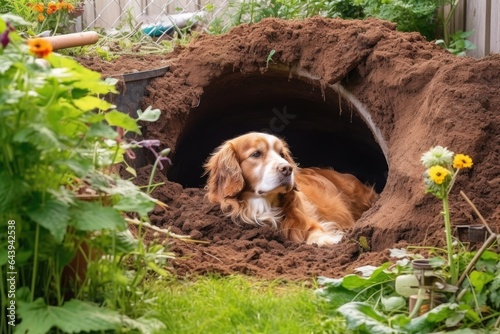 dog resting after digging large hole in garden