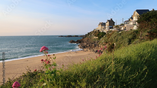 Plage du Val à Rothéneuf, dans la ville de Saint-Malo en Bretagne, paysage de côte avec une plage déserte de sable fin, de l’herbe et des maisons sur la falaise, au bord de la mer (France)