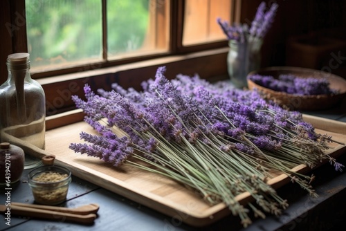lavender sprigs placed on a wooden drying tray