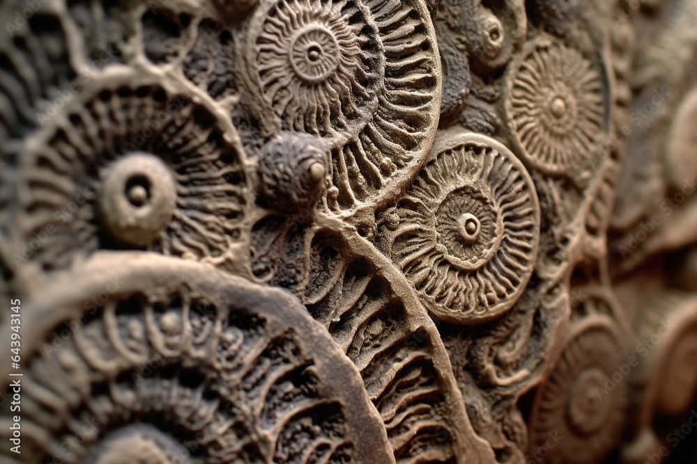 macro shot of ammonite fossils intricate details