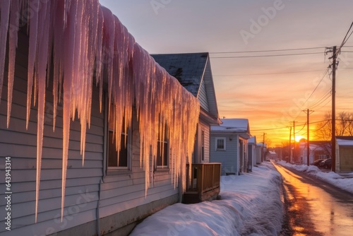 icicles hanging from roof edges during sunrise