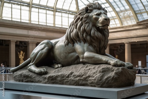A lion sculpture stands on a platform. Generative AI