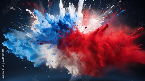 Labor day Red, White and Blue colored dust explosion background. Splash of American flag colors smoke dust on dark background, Independence Day, Memorial Day patriotic abstract pattern