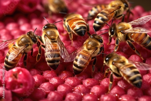close-up of honey bees surrounding their queen