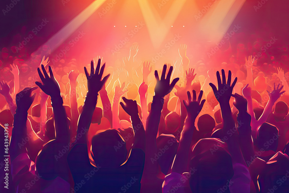 A colorful background with a crowd of hands up and the word music on it