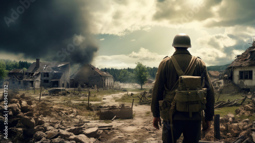 Forging Valor in the Ruins: WW2 Soldier's Epic Back View Amidst the Devastated European Battlefield.