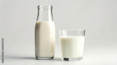 Glass and Bottle of Milk Stand Side by Side Against a Clean White Background.