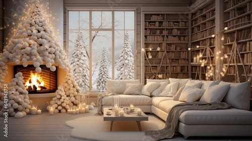 Interior of classic white living room with Christmas decor. Blazing fireplace, burning candles, elegant Christmas tree, comfortable cushioned furniture, bookcase, large window with winter forest view.
