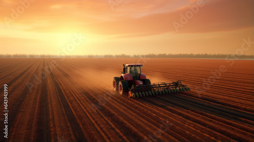 Modern Farming Marvel: Aerial View of Sunset Plowing with Advanced Tractor and Technology.