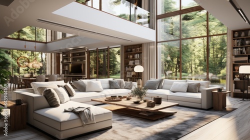 Interior of modern eclectic living area in luxury open to below cottage. Stylish cushioned furniture  coffee table  bookcases  dining area  panoramic windows. Contemporary home design.