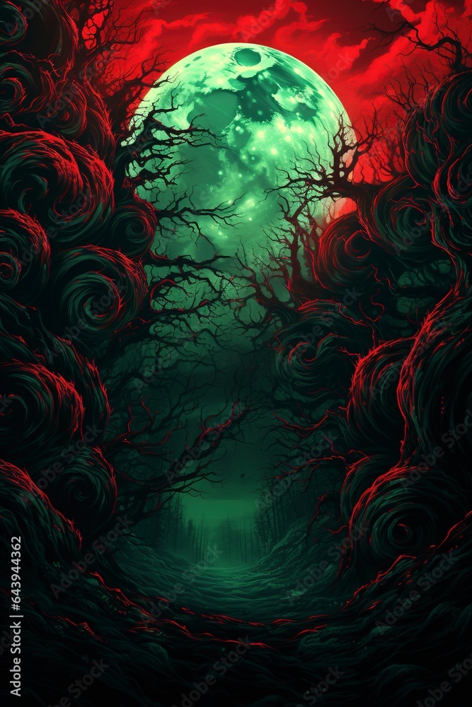 halloween background landscape with moon with red green hues and creepy trees halloween background landscape with moon with red green hues and creepy trees