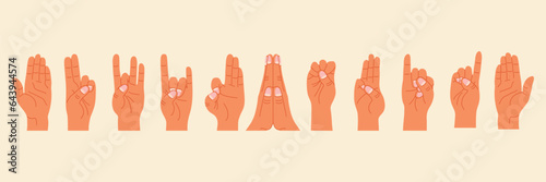 Hand gesture set of yoga mudra. Hand drawn concept meditation, mental health, self care. Flat vector illustration for sticker, icon, print.
