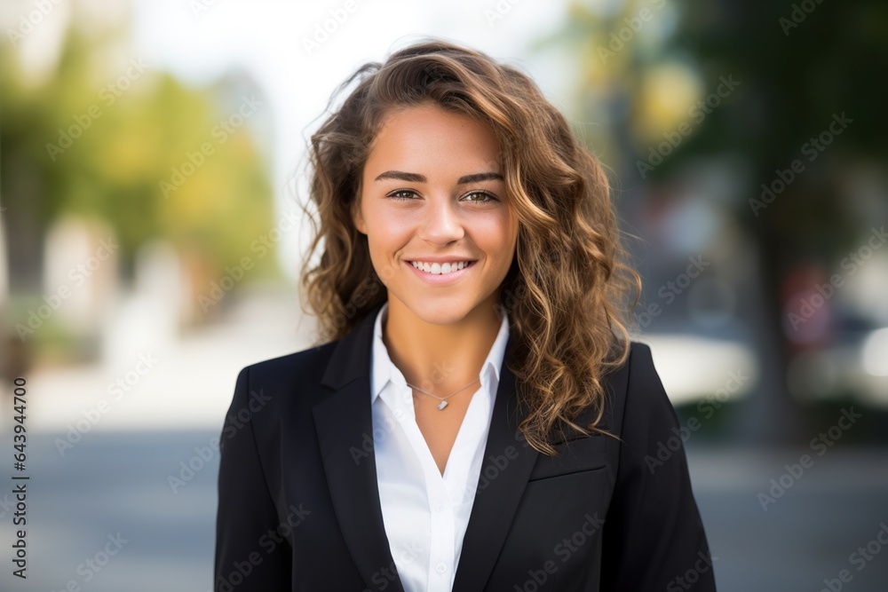 Confident Businesswoman in Suit: Outdoor Elegance with Winning Smile Confident Businesswoman in Suit: Outdoor Elegance with Winning Smile