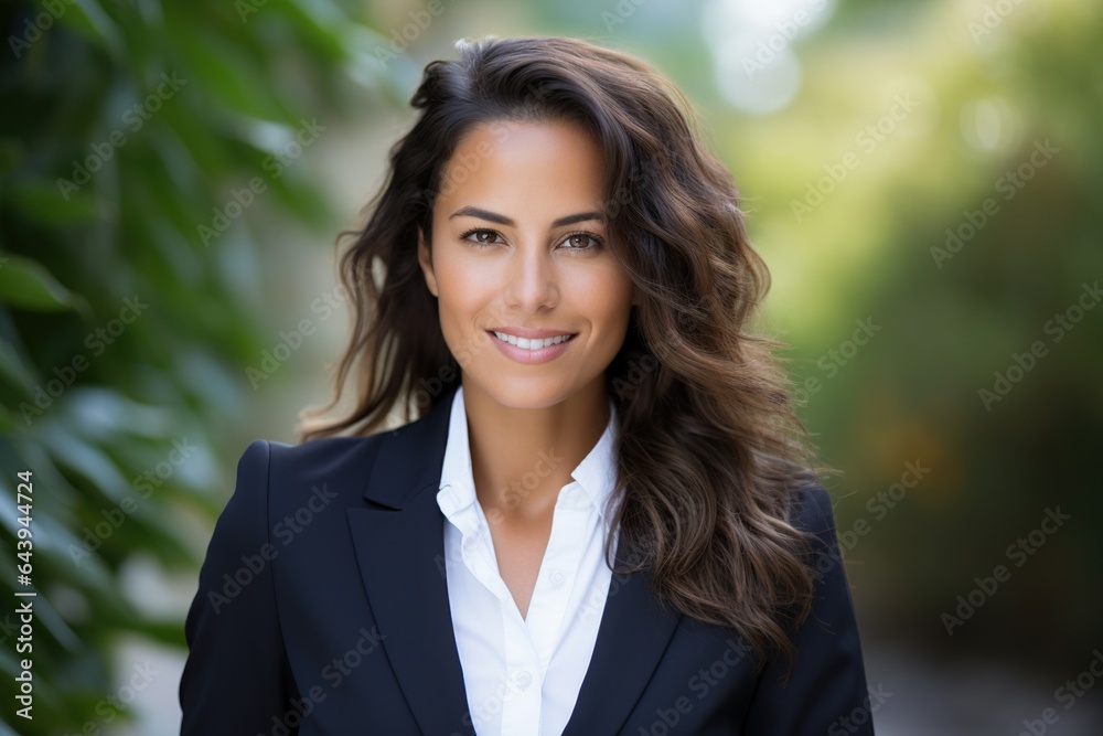Confident Businesswoman in Suit: Outdoor Elegance with Winning Smile Confident Businesswoman in Suit: Outdoor Elegance with Winning Smile