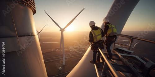 Wind Turbine Reliability: Maintenance Workers High Above Ground in the Renewable Energy Sector photo