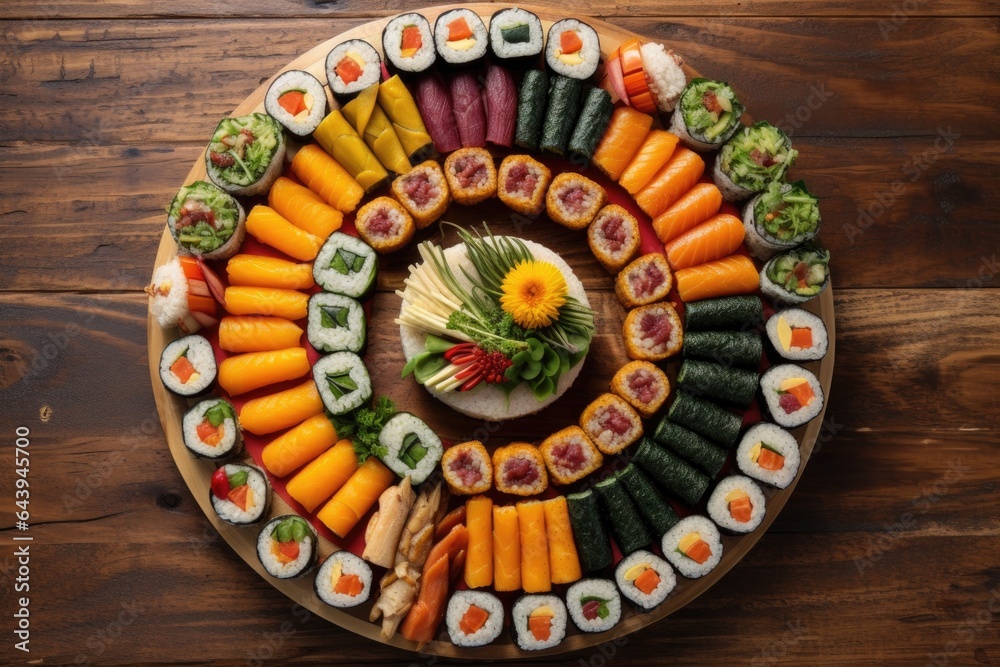 Naklejka premium sushi rolls arranged in a circle on a wooden platter