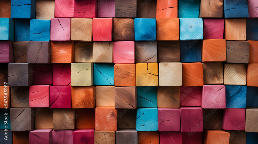 Background made of colourful wooden cubes. Ideal for educational settings, sensory play, and design projects