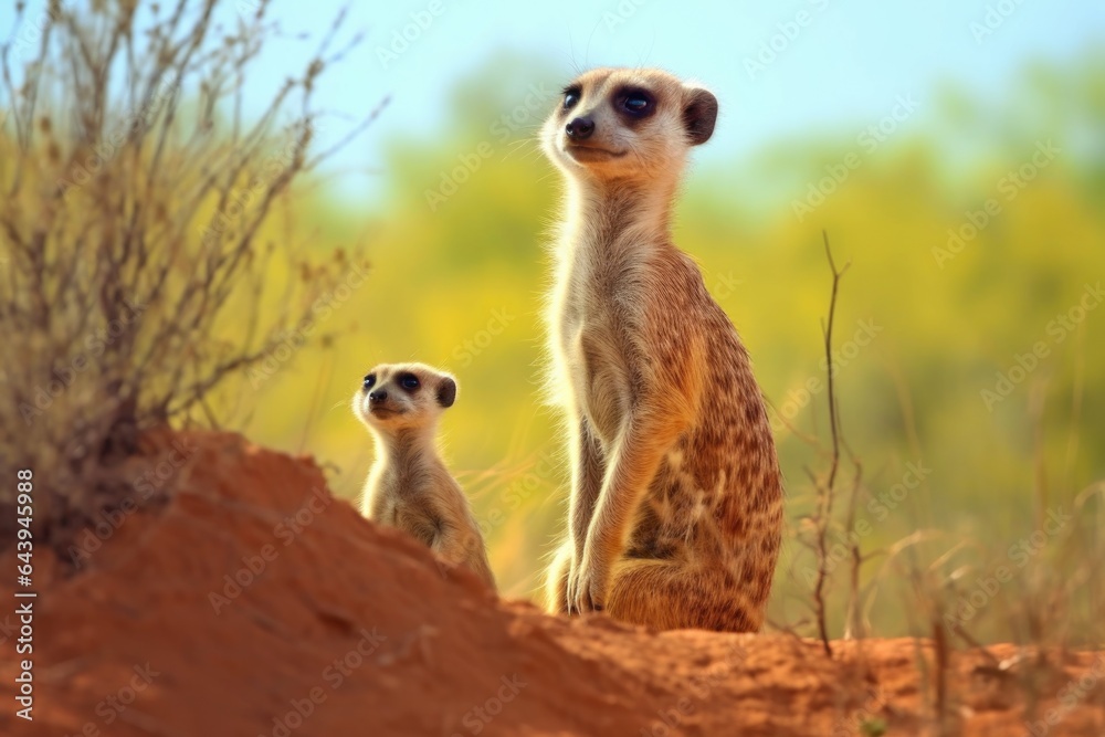 Fototapeta premium meerkat mother and pup watching the surroundings