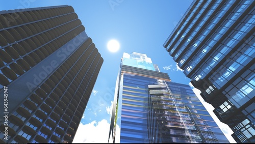 Modern high rise buildings on blue sky  skyscrapers bottom view  beautiful cityscape  3d rendering