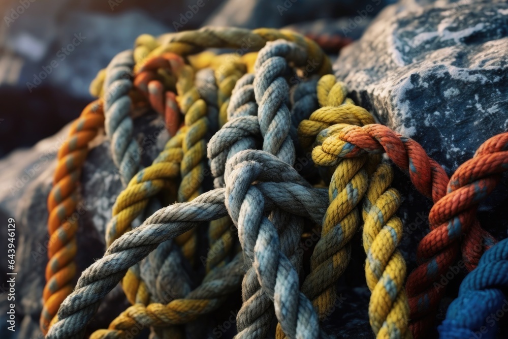 close-up of climbing ropes knotted securely on rocks