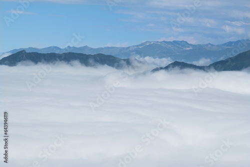 Foggy mountain landscape. Foggy and cloud-covered mountains. Foggy valleys. Foggy forest landscape. Black Sea mountains.Pokut Plateau. Kaçkar mountains. Rize, Türkiye. © osman
