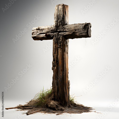 A weathered wood cross stands in dirt, isolated on a simple grey background. Ideal for modern designs requiring a textured, rustic feel