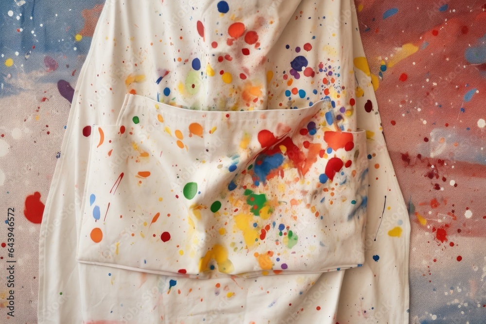 close-up of colorful paint splatters on apron close-up of colorful paint splatters on apron