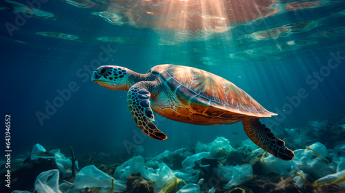 Turtle swimming among plastic garbage on the ocean-bed. Stop ocean plastic pollution.