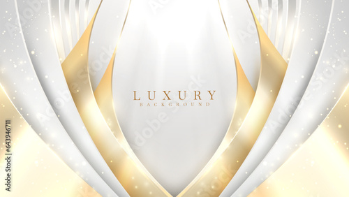 Luxury white background with gold curve ribbon elements and glitter light effects decorations and bokeh.