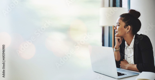 Bild auf Leinwand Banner, laptop and woman in office thinking with mockup, bokeh and ideas on business for trading