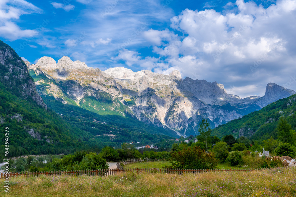 Views from the Catholic Church in the valley of Theth National Park, Albania. albanian alps